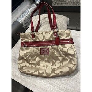 Coach Poppy Signature Tote Shoulder Bag Womens Khaki Red Patent Trim F20026